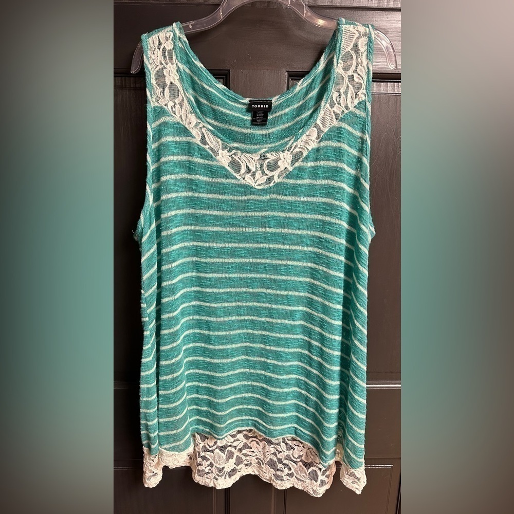 Torrid Lightweight Sweater Tank Top Teal with Ivory Stripes & Lace Accents Sz 3X